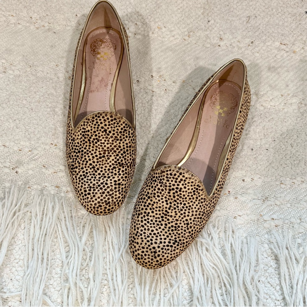 Vince Camuto Flats Beige/Black Polka Dot Calf Hair Slip On Loafers Shoes 7.5